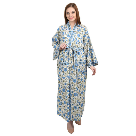 Handblock bedrucktes Sanganeri Jaipuri Florales Damen Kimonokleid Strandkleidung Schlafkleidung Gürtelkleid