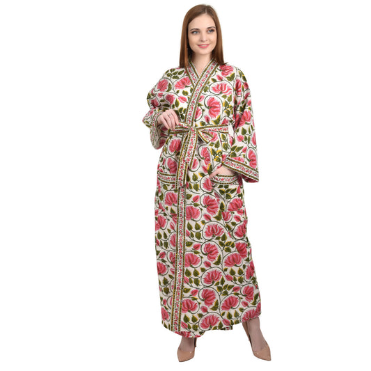 Handblock bedrucktes Sanganeri Jaipuri Florales Damen Kimonokleid Strandkleidung Schlafkleidung Gürtelkleid