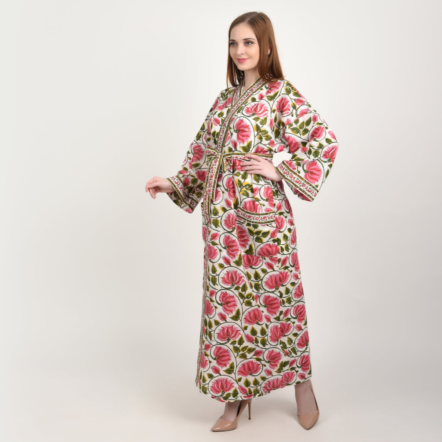 Hand Block Printed Sanganeri Jaipuri Floral Women Casual Kimono Dress Beach wear sleepwear belted dress