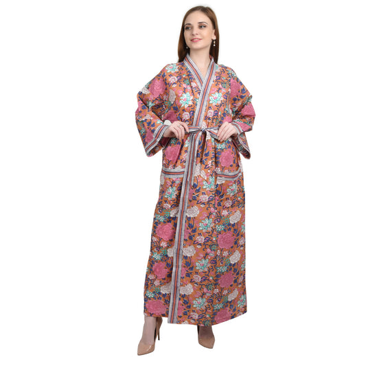 Handblock bedrucktes Sanganeri Jaipuri Florales Damen Kimonokleid Strandkleidung Schlafkleidung Gürtelkleid