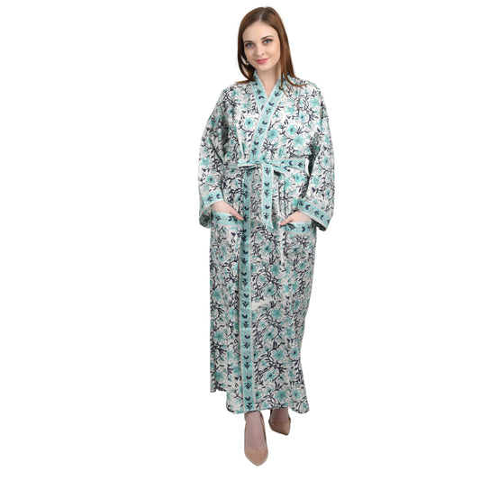 Handblock bedrucktes Sanganeri Jaipuri Florales Damen Kimonokleid Strandkleidung Schlafkleidung Gürtelkleid