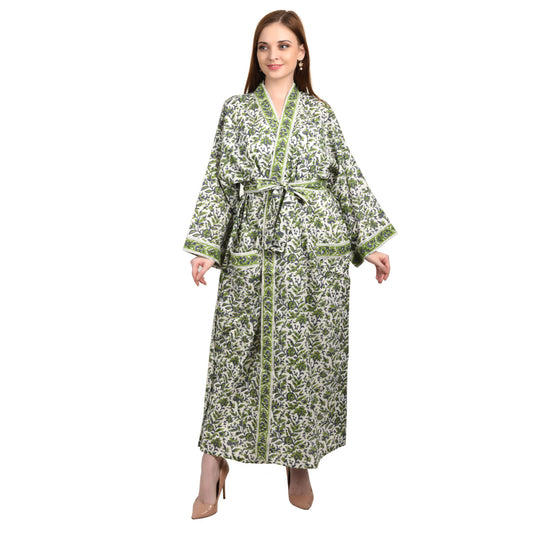 Handblock bedrucktes Sanganeri Jaipuri Florales Damen Kimonokleid Strandkleidung Schlafkleidung Gürtelkleid