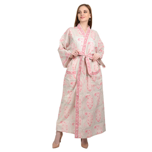 Handblock bedrucktes Sanganeri Jaipuri Florales Damen Kimonokleid Strandkleidung Schlafkleidung Gürtelkleid