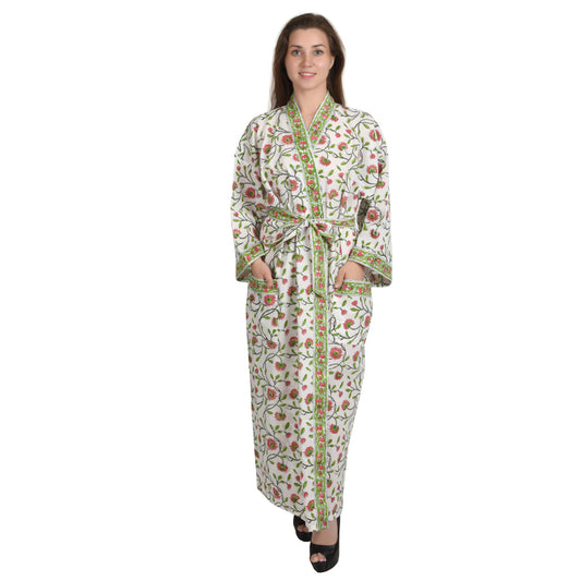 Handblock bedrucktes Sanganeri Jaipuri Florales Damen Kimonokleid Strandkleidung Schlafkleidung Gürtelkleid