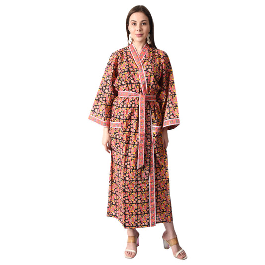 Handblock bedrucktes Sanganeri Jaipuri Florales Damen Kimonokleid Strandkleidung Schlafkleidung Gürtelkleid