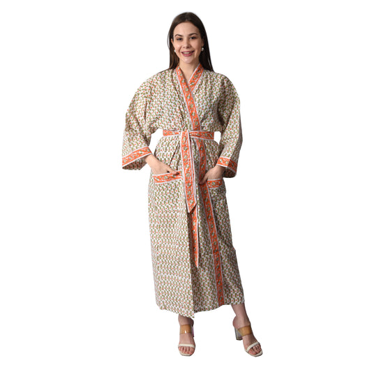 Handblock bedrucktes Sanganeri Jaipuri Florales Damen Kimonokleid Strandkleidung Schlafkleidung Gürtelkleid