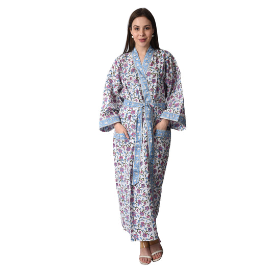 Handblock bedrucktes Sanganeri Jaipuri Florales Damen Kimonokleid Strandkleidung Schlafkleidung Gürtelkleid