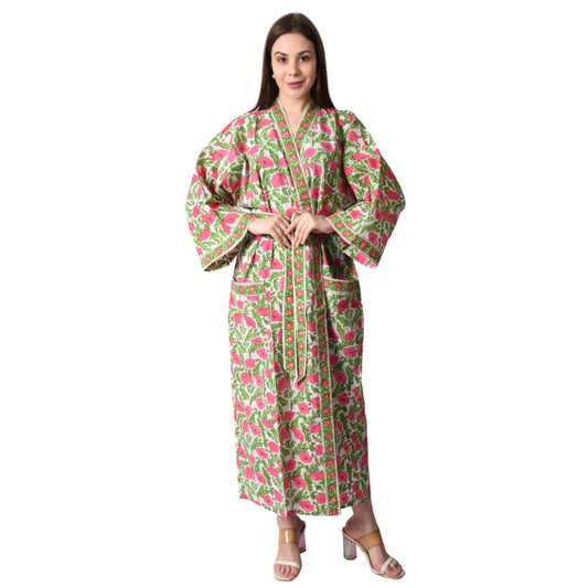 Handblock bedrucktes Sanganeri Jaipuri Florales Damen Kimonokleid Strandkleidung Schlafkleidung Gürtelkleid