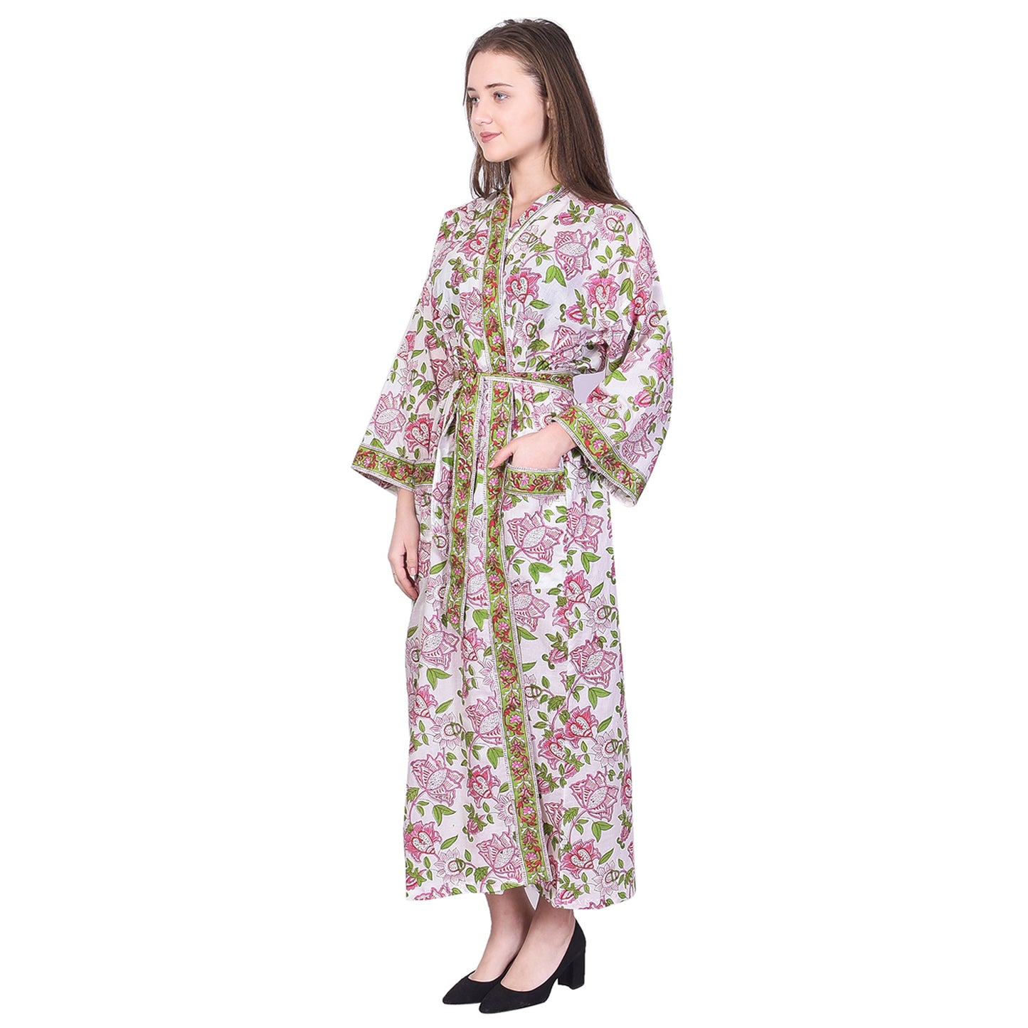 Hand Block Printed Sanganeri Jaipuri Floral Women Casual Kimono Dress Beach wear sleepwear belted dress