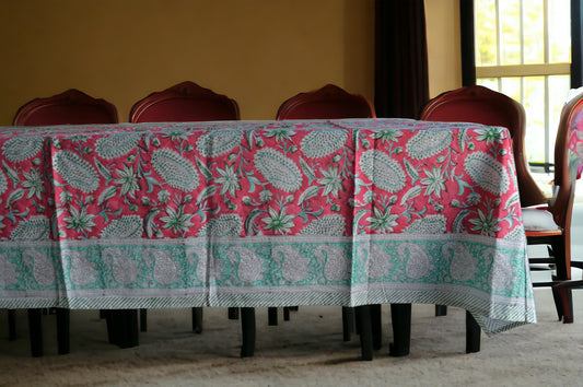 Indian Hand Block Traditional Printed Tablecloth Handmade Cotton Floral 6 Seater Tabletop Decorative for Dinning Table 60 * 90 Inches with Nepkins