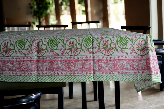 Indian Hand Block Traditional Printed Tablecloth Handmade Cotton Floral 6 Seater Tabletop Decorative for Dinning Table 60 * 90 Inches with Nepkins
