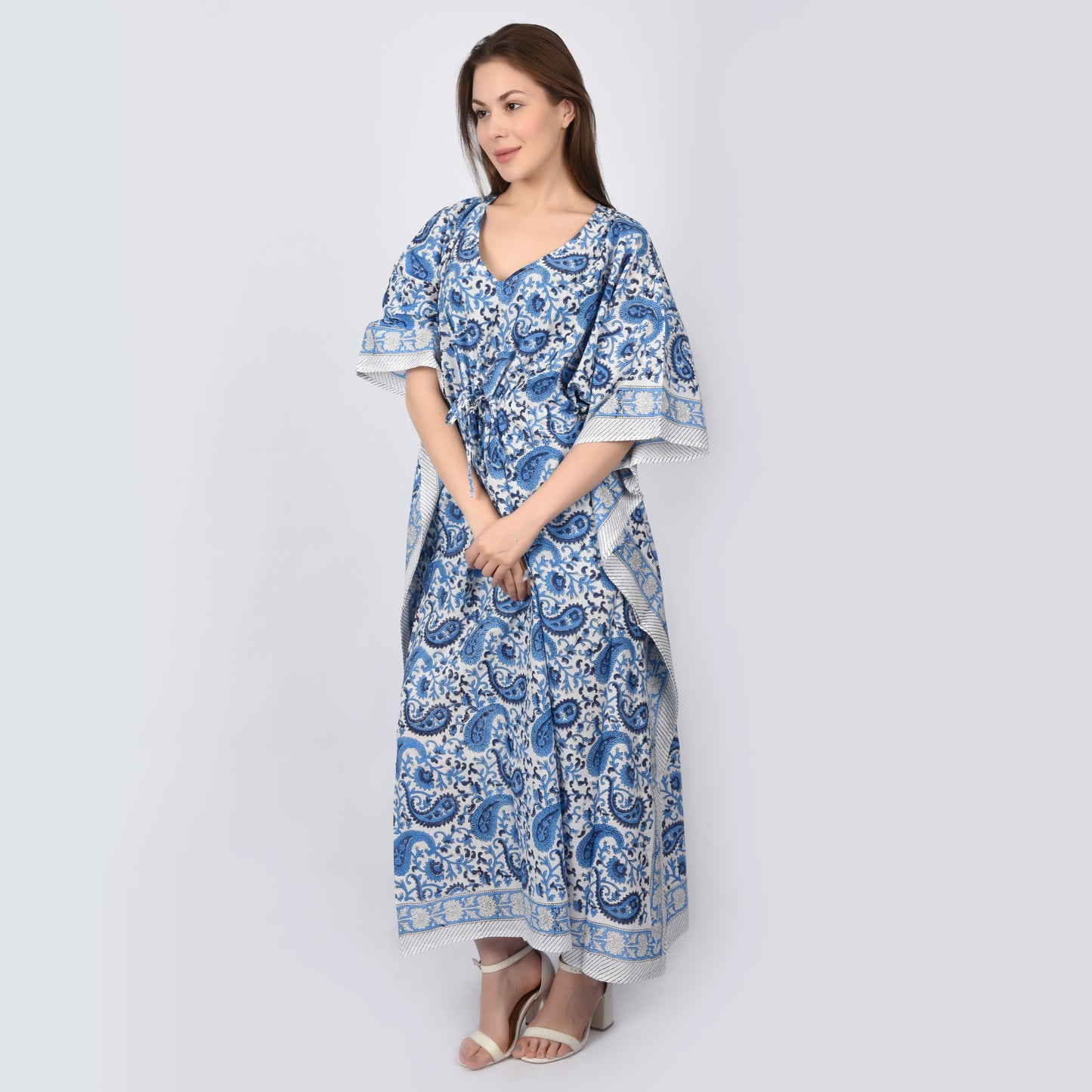 Handblockdruck Baumwollkaftans für Frauen Freie Größe Vintage traditionelle Kunst Maxikleid Schlafkleidung Nachthemd Kaftankleid