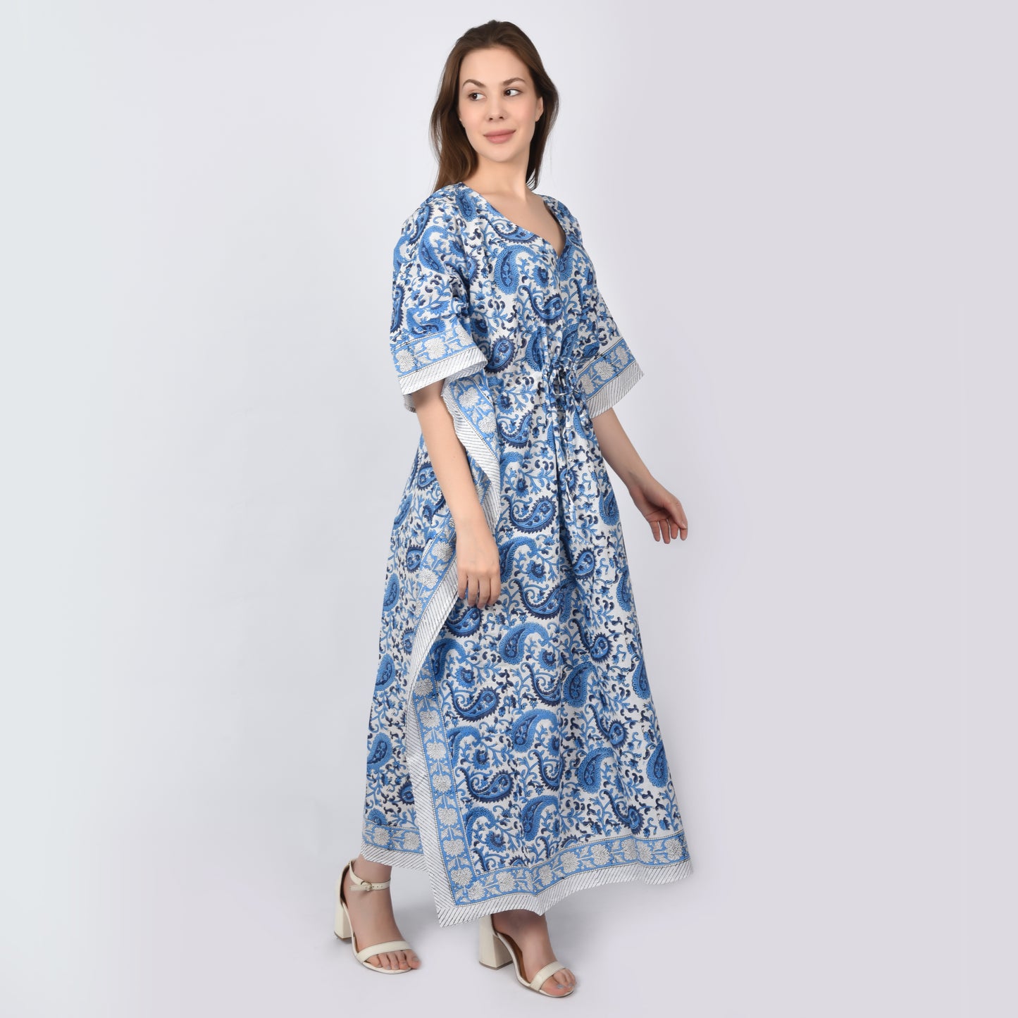 Handblockdruck Baumwollkaftans für Frauen Freie Größe Vintage traditionelle Kunst Maxikleid Schlafkleidung Nachthemd Kaftankleid