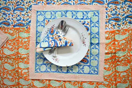 Indian Hand Block Traditional Printed Tablecloth Handmade Cotton Floral 6 Seater Tabletop Decorative for Dinning Table 60 * 90 Inches with Nepkins