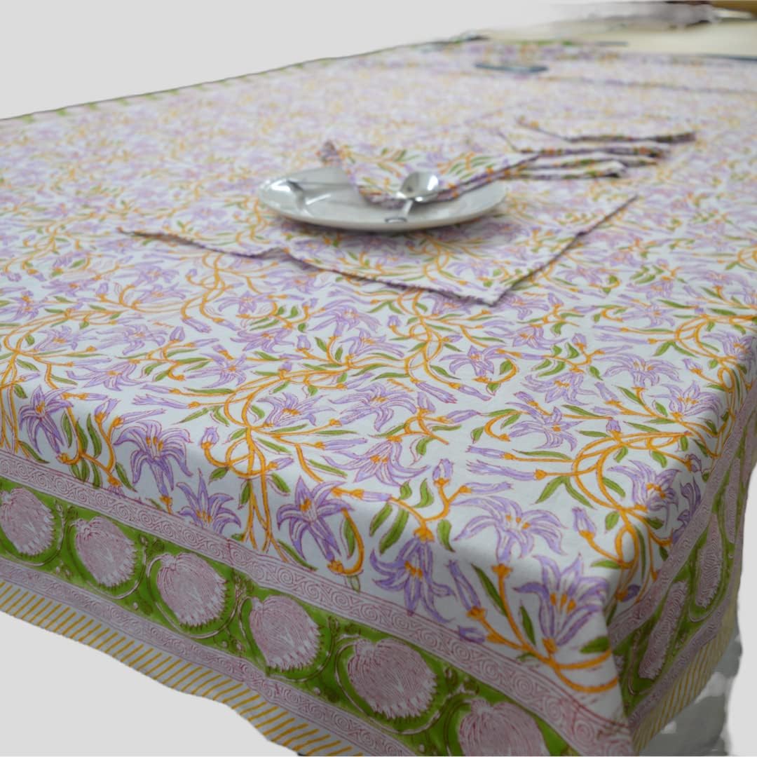 Indian Hand Block Traditional Printed Tablecloth Handmade Cotton Floral 6 Seater Tabletop Decorative for Dinning Table 60 * 90 Inches with Nepkins