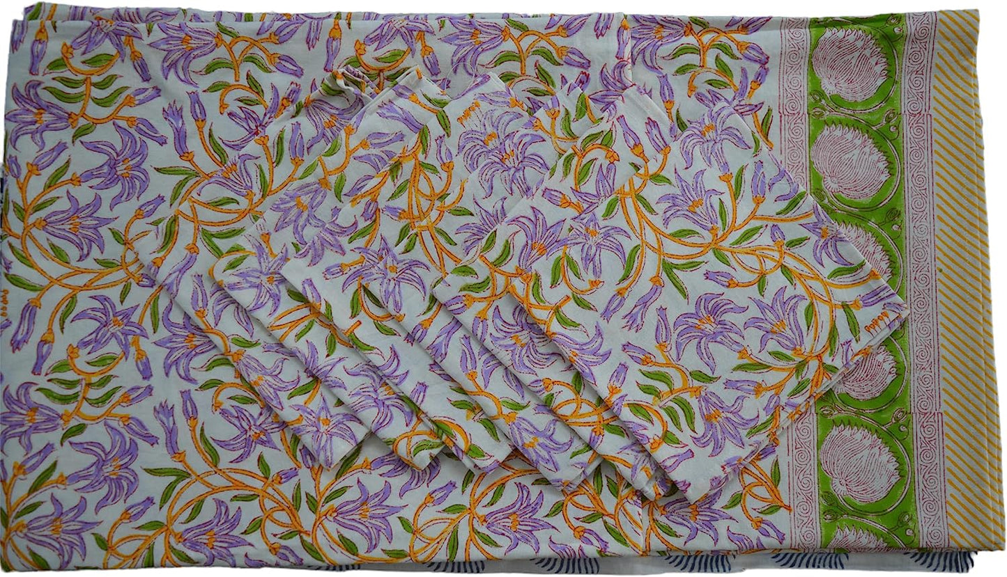 Indian Hand Block Traditional Printed Tablecloth Handmade Cotton Floral 6 Seater Tabletop Decorative for Dinning Table 60 * 90 Inches with Nepkins