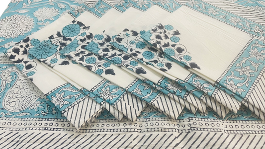 Indian Hand Block Traditional Printed Tablecloth Handmade Cotton Floral 6 Seater Tabletop Decorative for Dinning Table 60 * 90 Inches with Nepkins