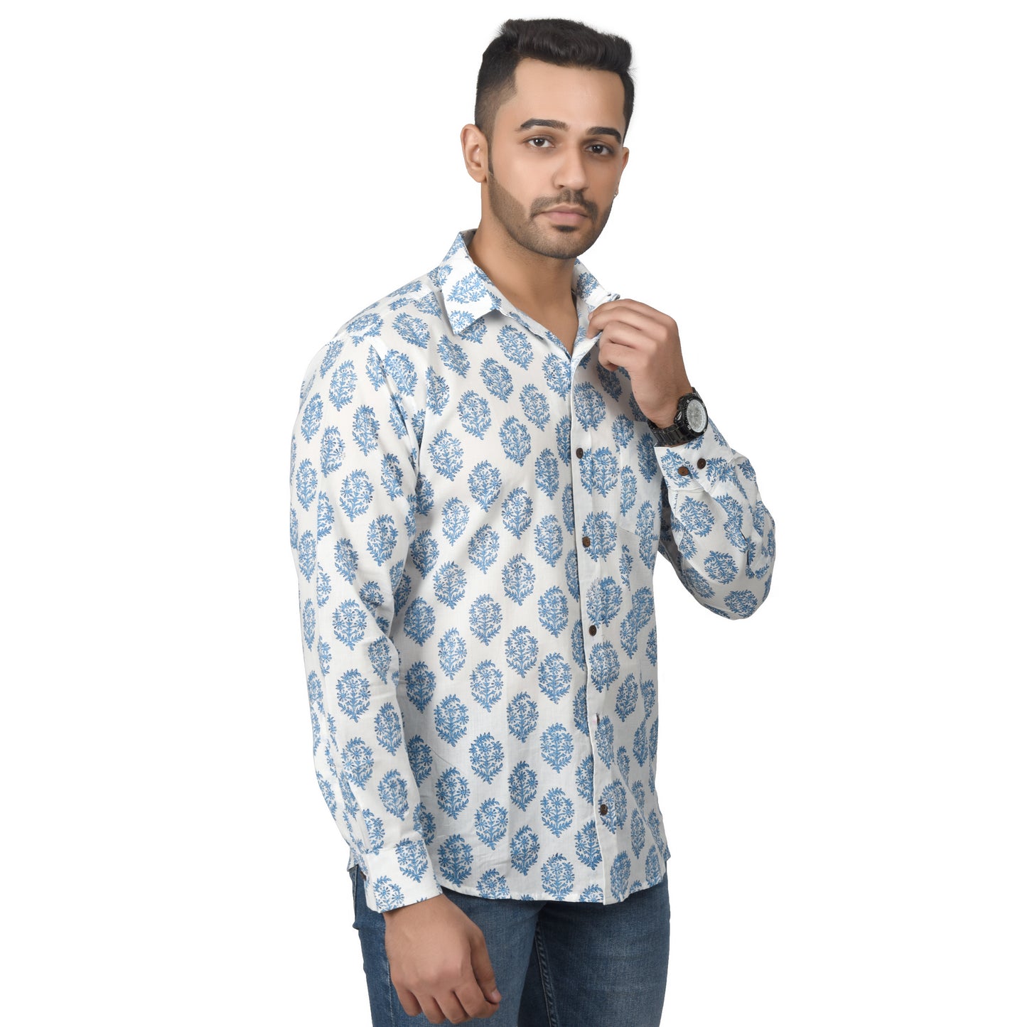 Men's Cotton Shirt Slim Fit Full Sleeves Traditional Block Printed Button Down Skin Friendly Cotton fabric Shirt