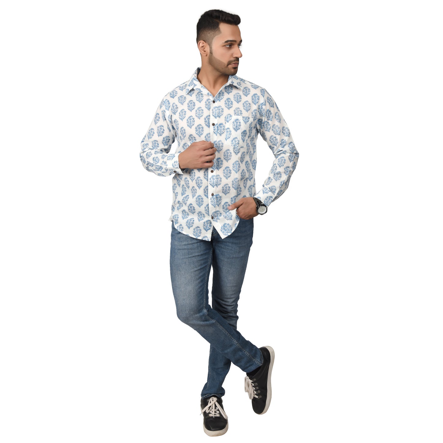 Men's Cotton Shirt Slim Fit Full Sleeves Traditional Block Printed Button Down Skin Friendly Cotton fabric Shirt