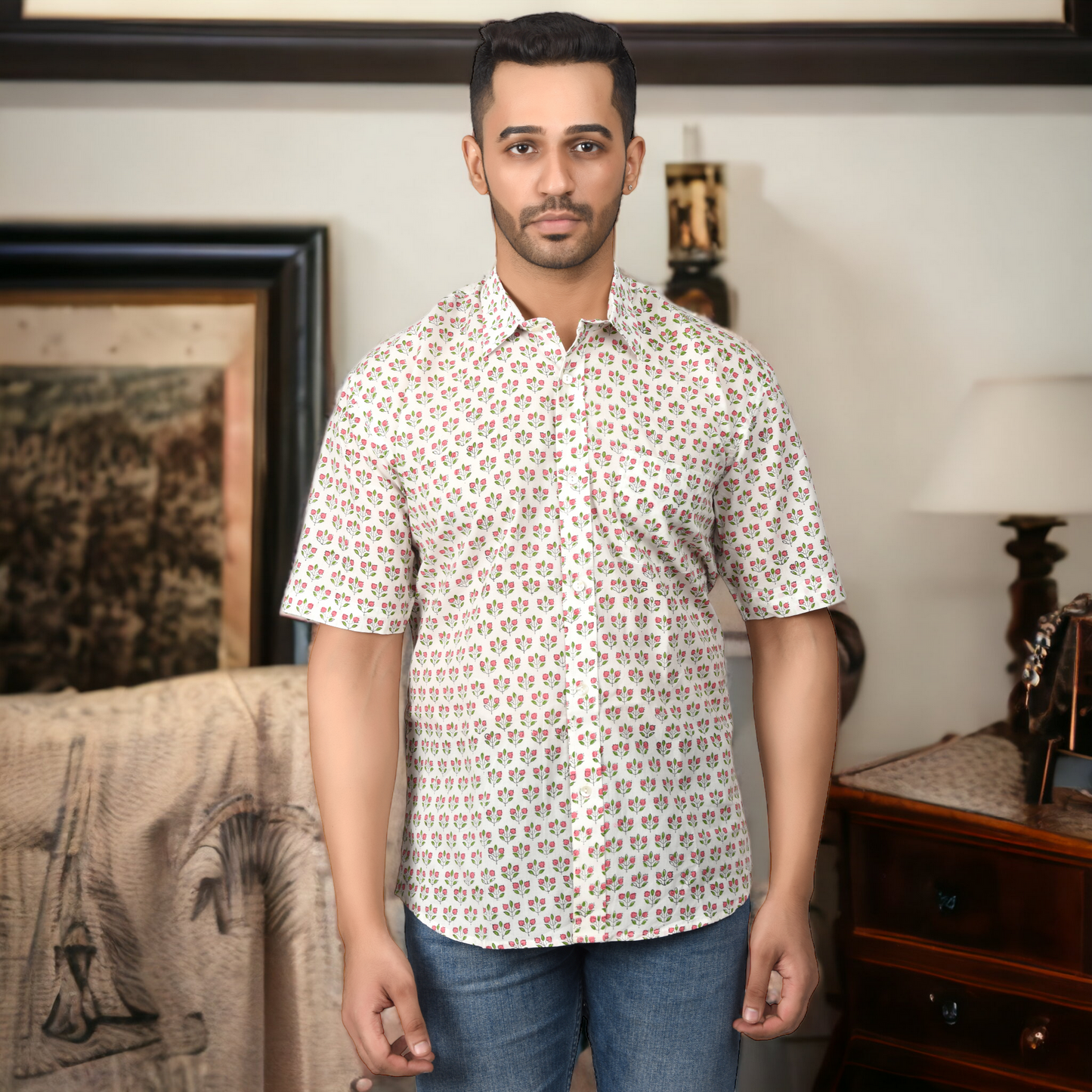 Men's Cotton Half Shirt Slim Fit Half Sleeves Traditional Block Printed Button Down Skin Friendly Cotton fabric Half Shirt