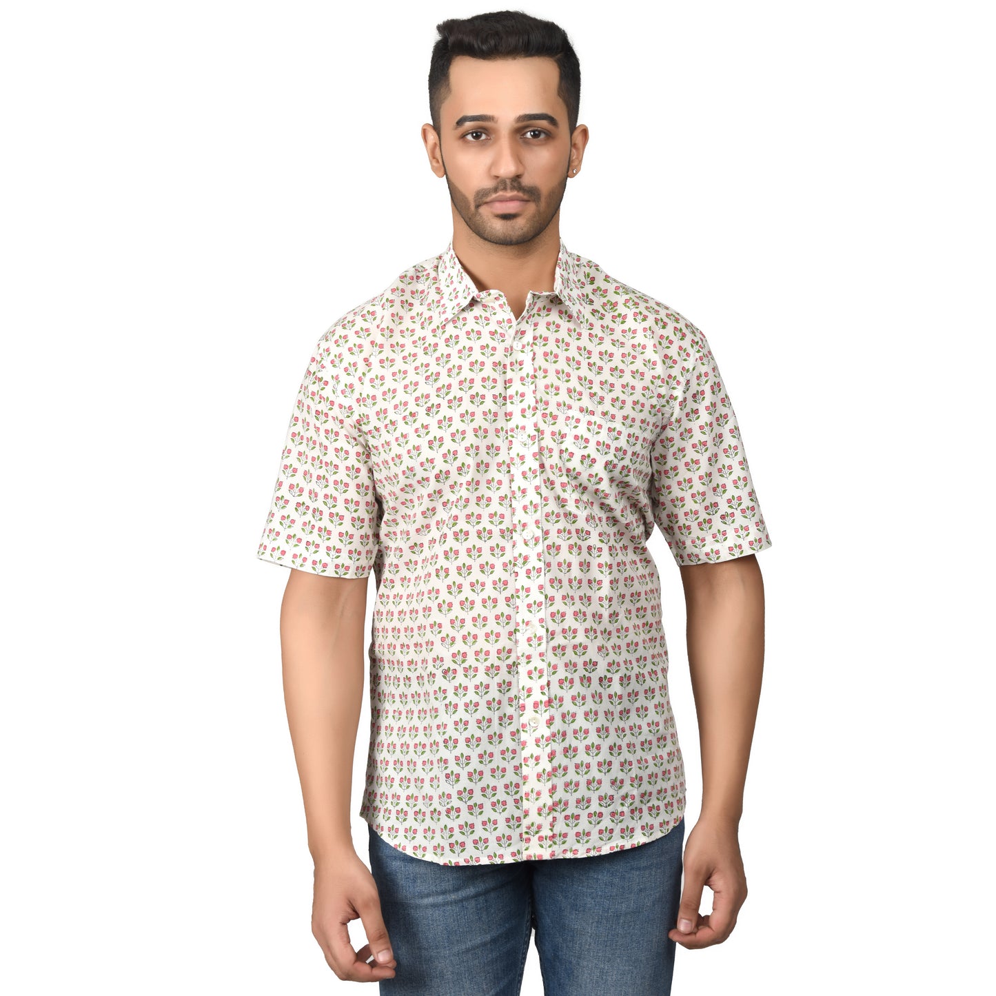 Men's Cotton Half Shirt Slim Fit Half Sleeves Traditional Block Printed Button Down Skin Friendly Cotton fabric Half Shirt