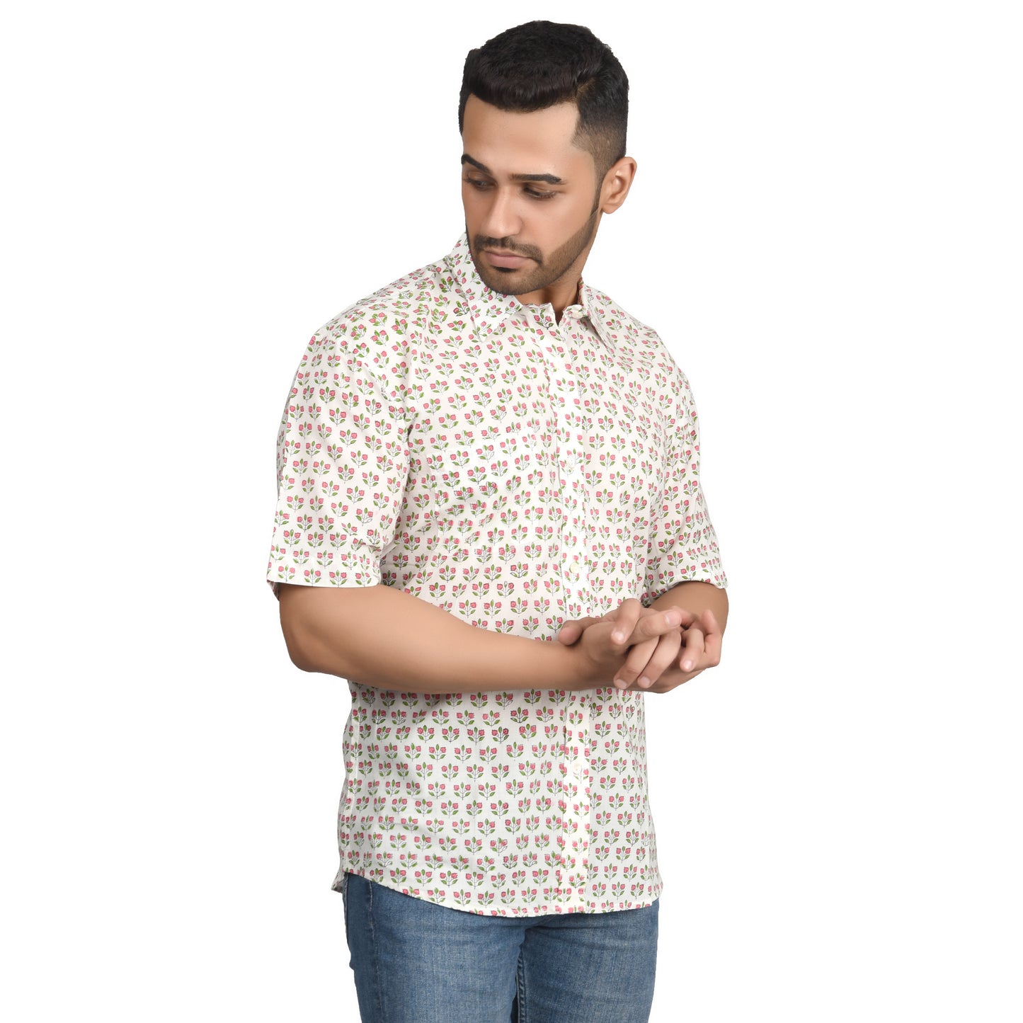 Men's Cotton Half Shirt Slim Fit Half Sleeves Traditional Block Printed Button Down Skin Friendly Cotton fabric Half Shirt