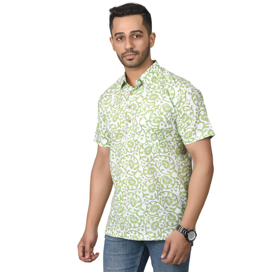 Men's Cotton Half Shirt Slim Fit Half Sleeves Traditional Block Printed Button Down Skin Friendly Cotton fabric Half Shirt