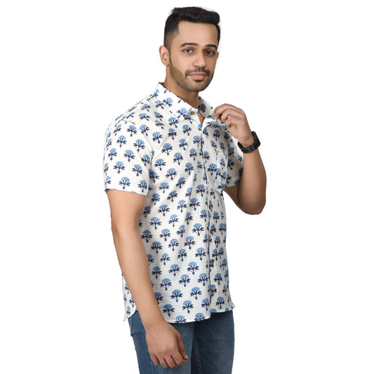 Men's Cotton Half Shirt Slim Fit Half Sleeves Traditional Block Printed Button Down Skin Friendly Cotton fabric Half Shirt