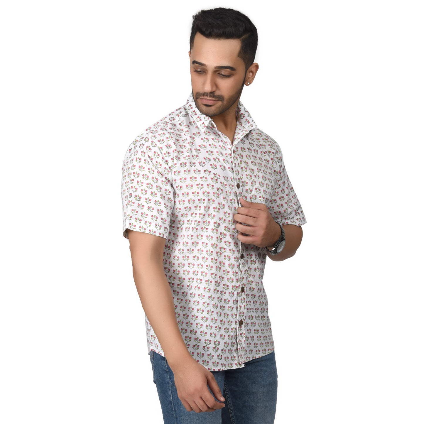 Men's Cotton Half Shirt Slim Fit Half Sleeves Traditional Block Printed Button Down Skin Friendly Cotton fabric Half Shirt