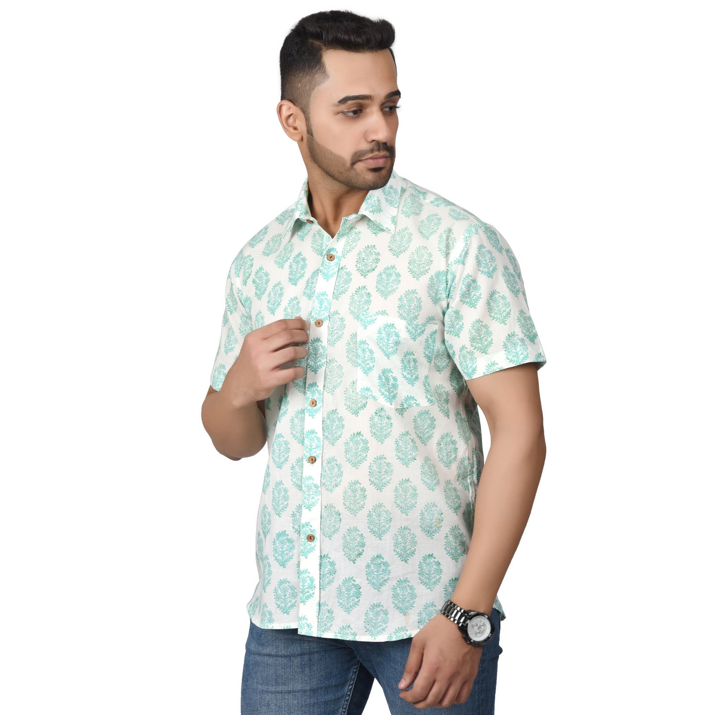 Men's Cotton Half Shirt Slim Fit Half Sleeves Traditional Block Printed Button Down Skin Friendly Cotton fabric Half Shirt