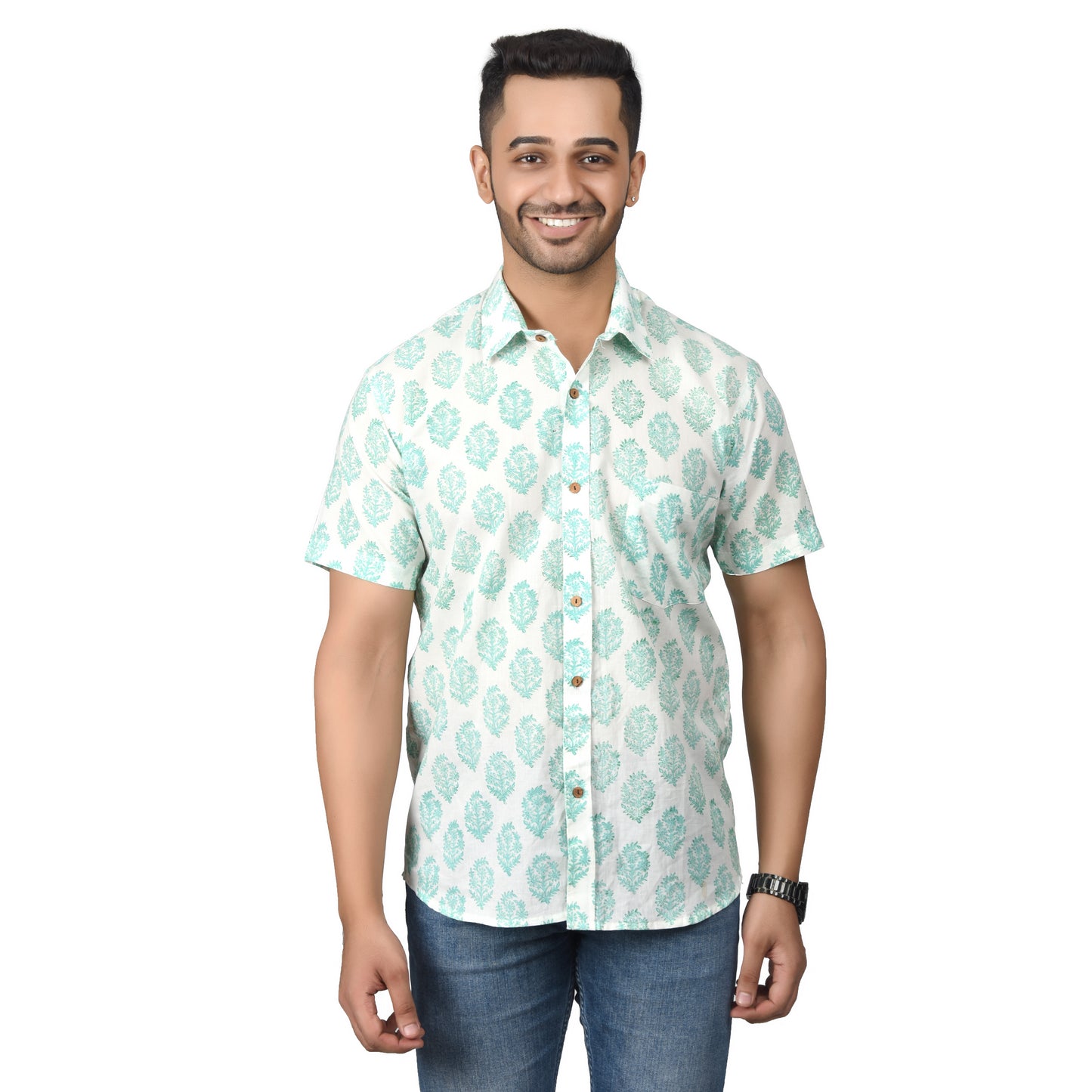Men's Cotton Half Shirt Slim Fit Half Sleeves Traditional Block Printed Button Down Skin Friendly Cotton fabric Half Shirt