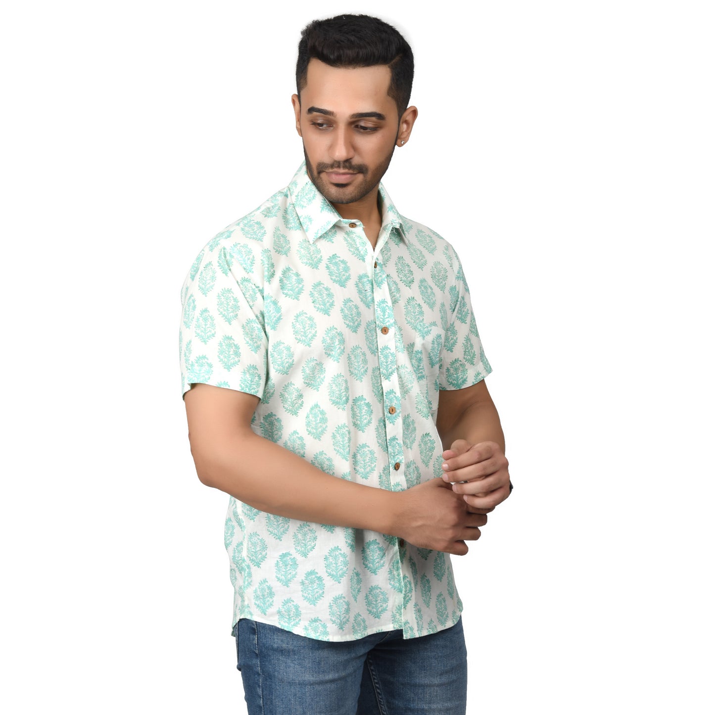 Men's Cotton Half Shirt Slim Fit Half Sleeves Traditional Block Printed Button Down Skin Friendly Cotton fabric Half Shirt