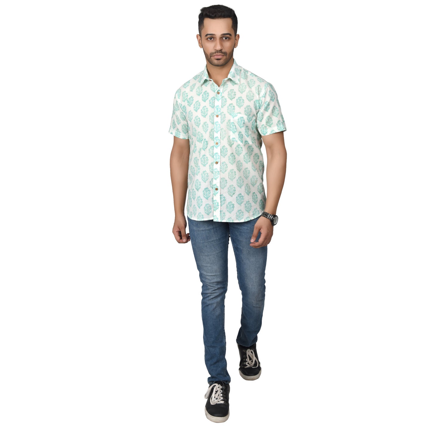 Men's Cotton Half Shirt Slim Fit Half Sleeves Traditional Block Printed Button Down Skin Friendly Cotton fabric Half Shirt