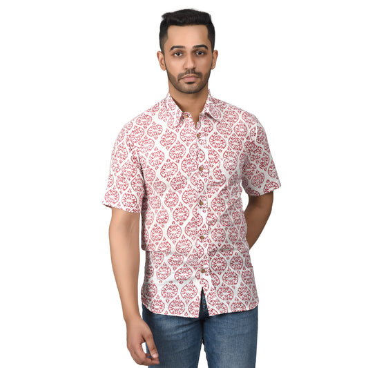 Men's Cotton Half Shirt Slim Fit Half Sleeves Traditional Block Printed Button Down Skin Friendly Cotton fabric Half Shirt